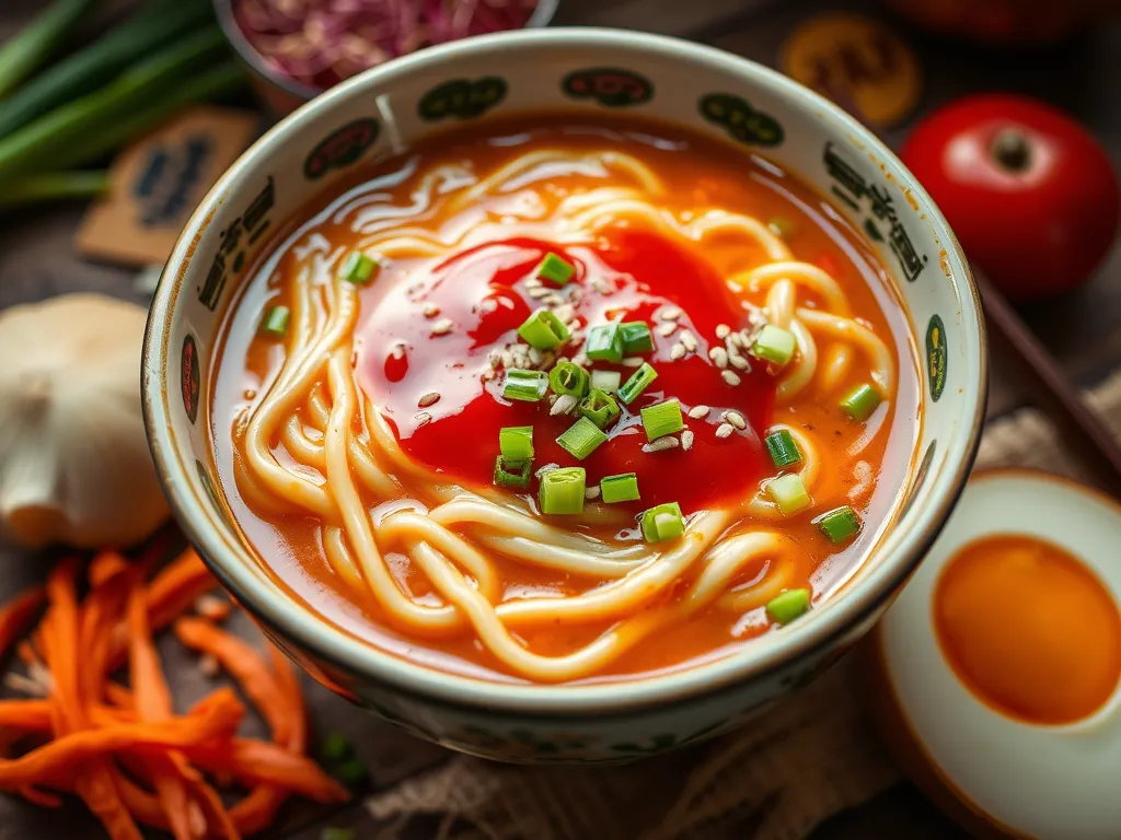 Bowl of cheap microwave instant noodles topped with hot sauce and green onions
