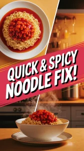 Delicious cheap microwave instant noodles topped with hot sauce for a spicy meal.