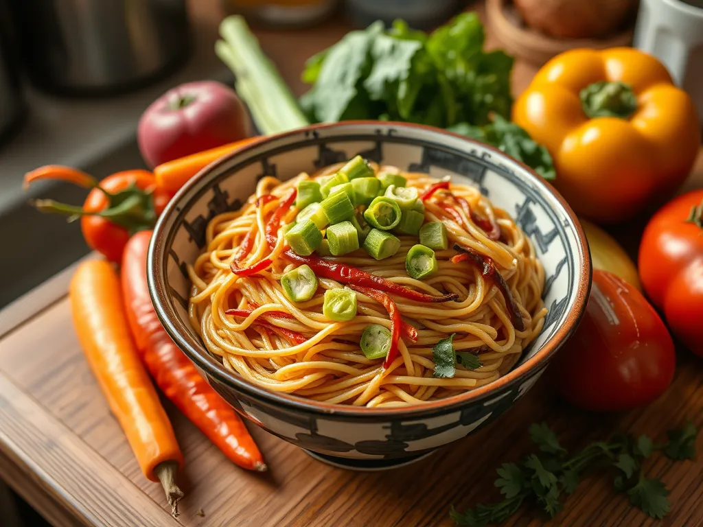 Bowl of cheap microwave instant noodles topped with diced okra and vegetables, perfect for a quick meal.