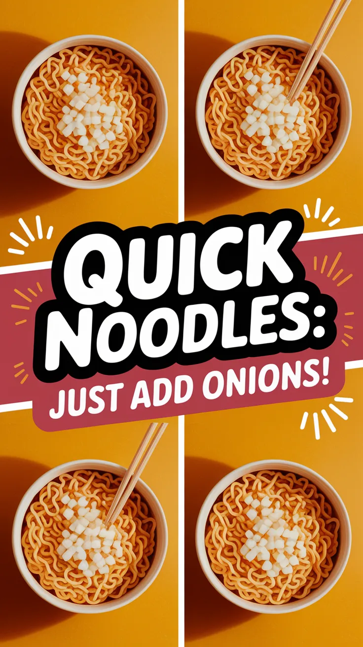 Bowl of cheap microwave instant noodles topped with canned diced onions.