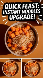 Bowl of cheap microwave instant noodles topped with canned diced parsnips