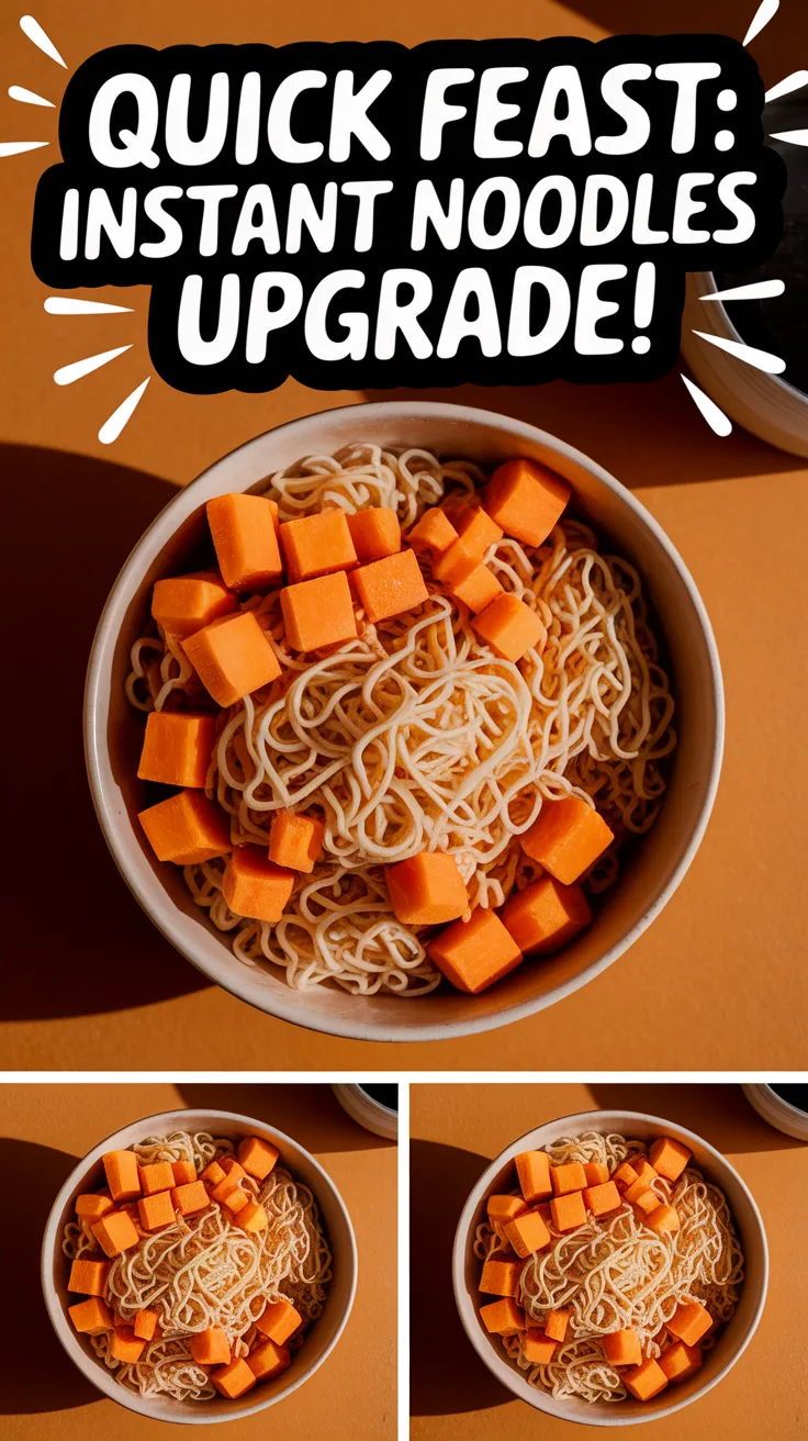 Bowl of cheap microwave instant noodles topped with canned diced parsnips