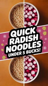 Bowl of cheap microwave instant noodles with canned diced radishes