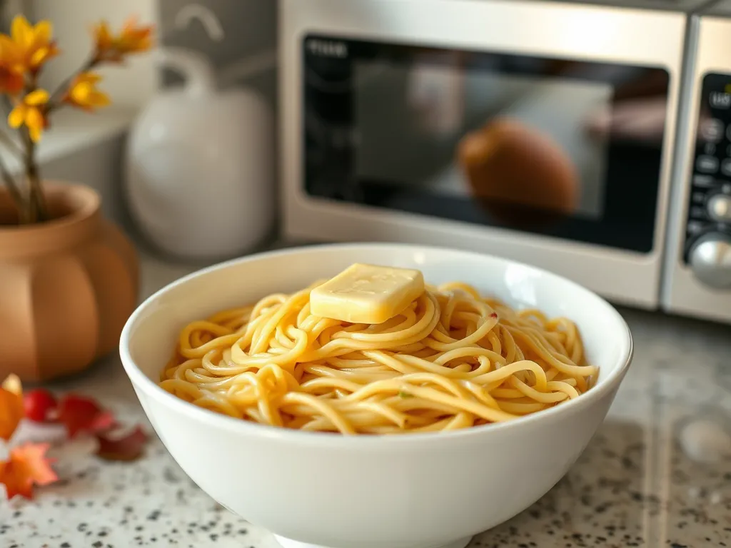 Bowl of cheap microwave instant noodles topped with a pat of butter