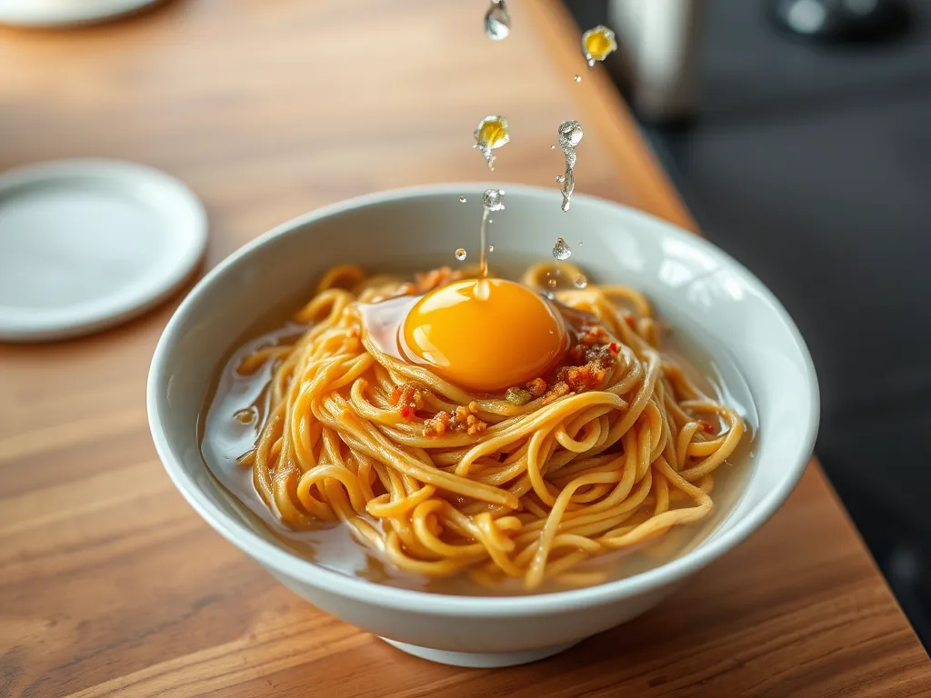Bowl of cheap microwave instant noodles topped with a raw egg yolk