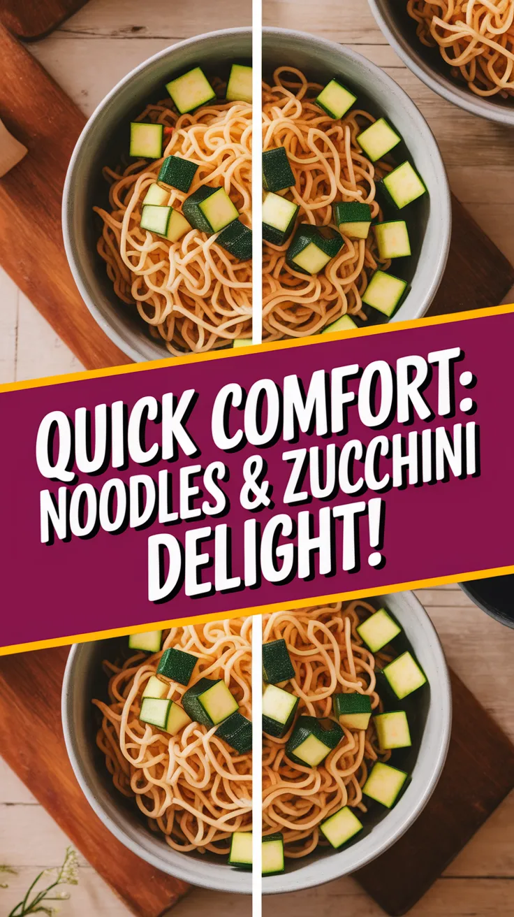 Bowl of cheap microwave instant noodles topped with canned diced zucchini.