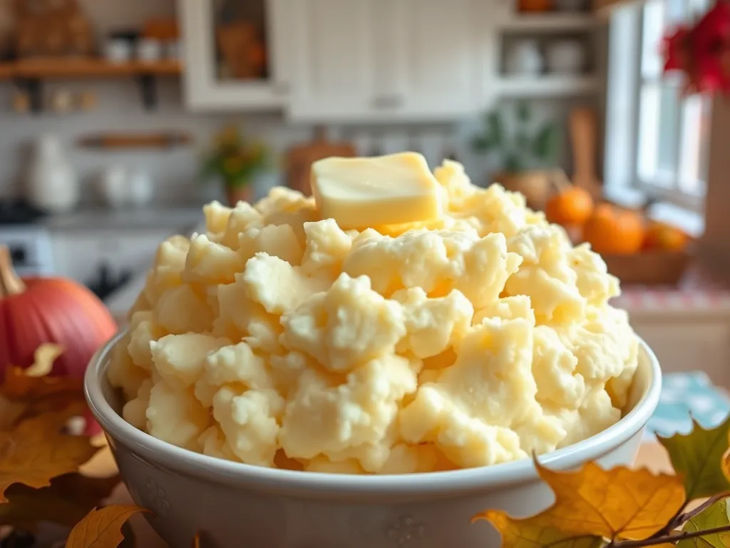 Creamy and fluffy microwave instant potato bowl topped with butter, ideal for a quick meal.