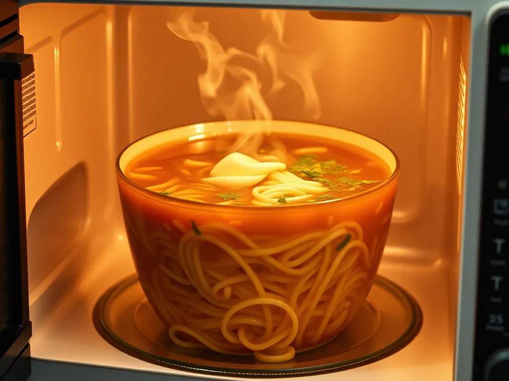 Steaming bowl of instant ramen pho being microwaved for a quick meal