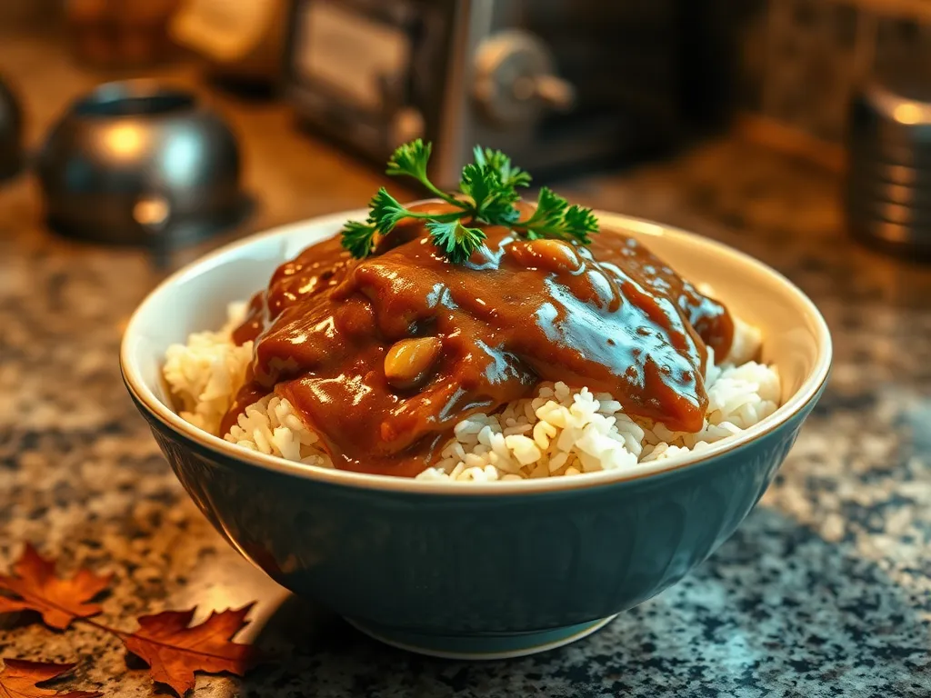Bowl of cheap microwave instant rice with savory gravy, perfect for quick meals.