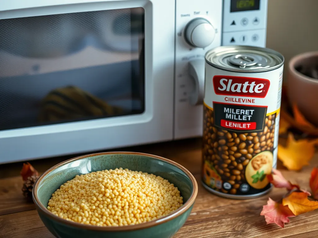 Bowl of instant millet next to canned lentils, ideal for cheap microwave meals