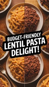Plate of budget-friendly canned lentil and pasta dish, perfect for a quick meal.