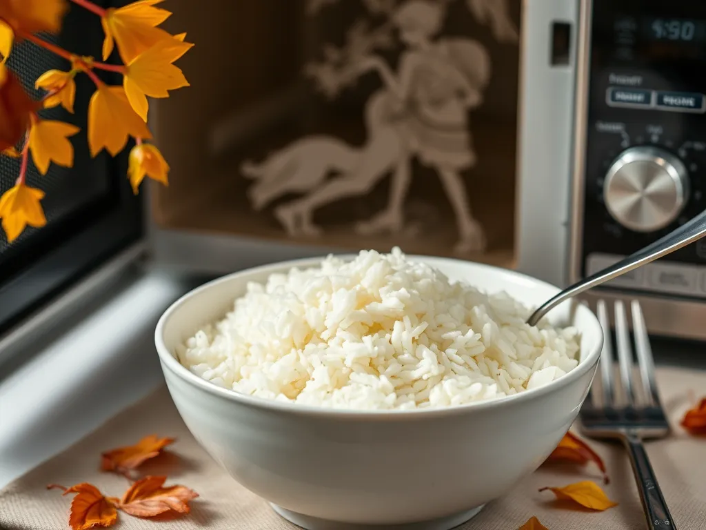 Bowl of fluffy rice beside a microwave, perfect for a cheap lentil and rice bowl meal.