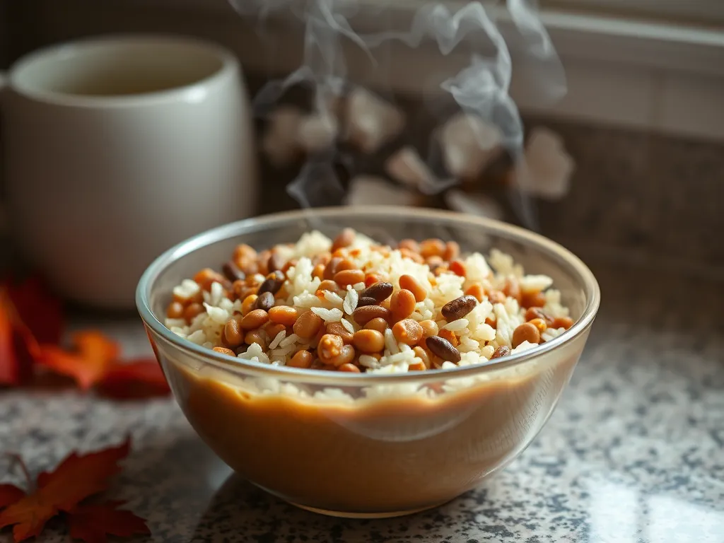 Bowl of microwaveable canned lentils and rice, steaming hot and ready to eat.