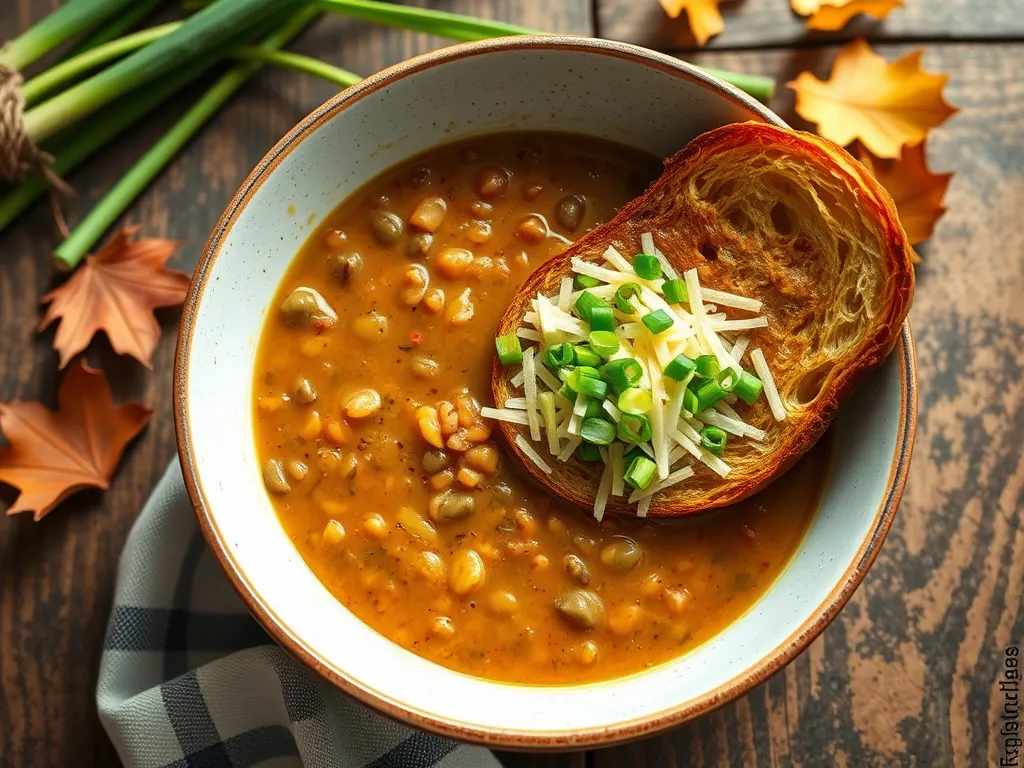 Delicious cheap microwave canned lentil soup with a toast topped with cheese and green onions.