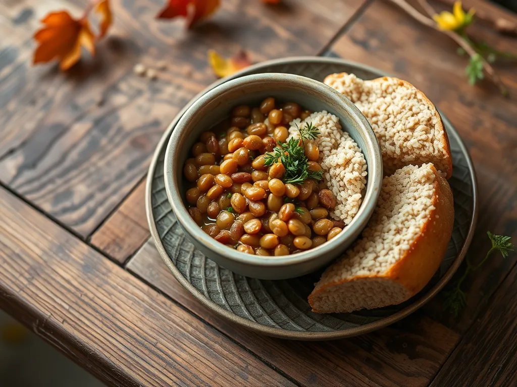 Bowl of canned lentils with slices of sesame bread on a wooden table, perfect for quick meals.