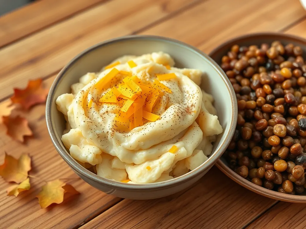 Bowl of instant mashed potatoes topped with cheese and a side of canned lentils.
