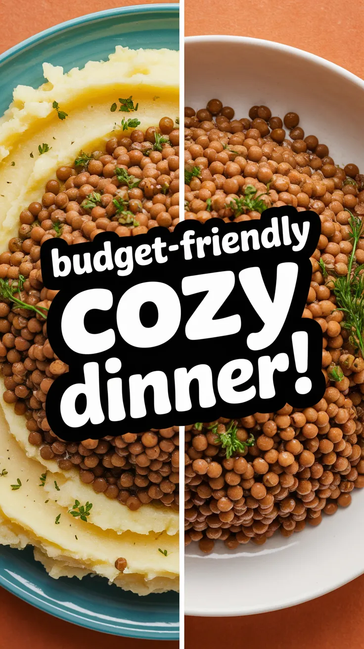 A warm plate of instant mashed potatoes served with canned lentils, perfect for a cheap meal.