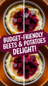 Delicious cheap microwave instant mashed potatoes topped with canned diced beets.