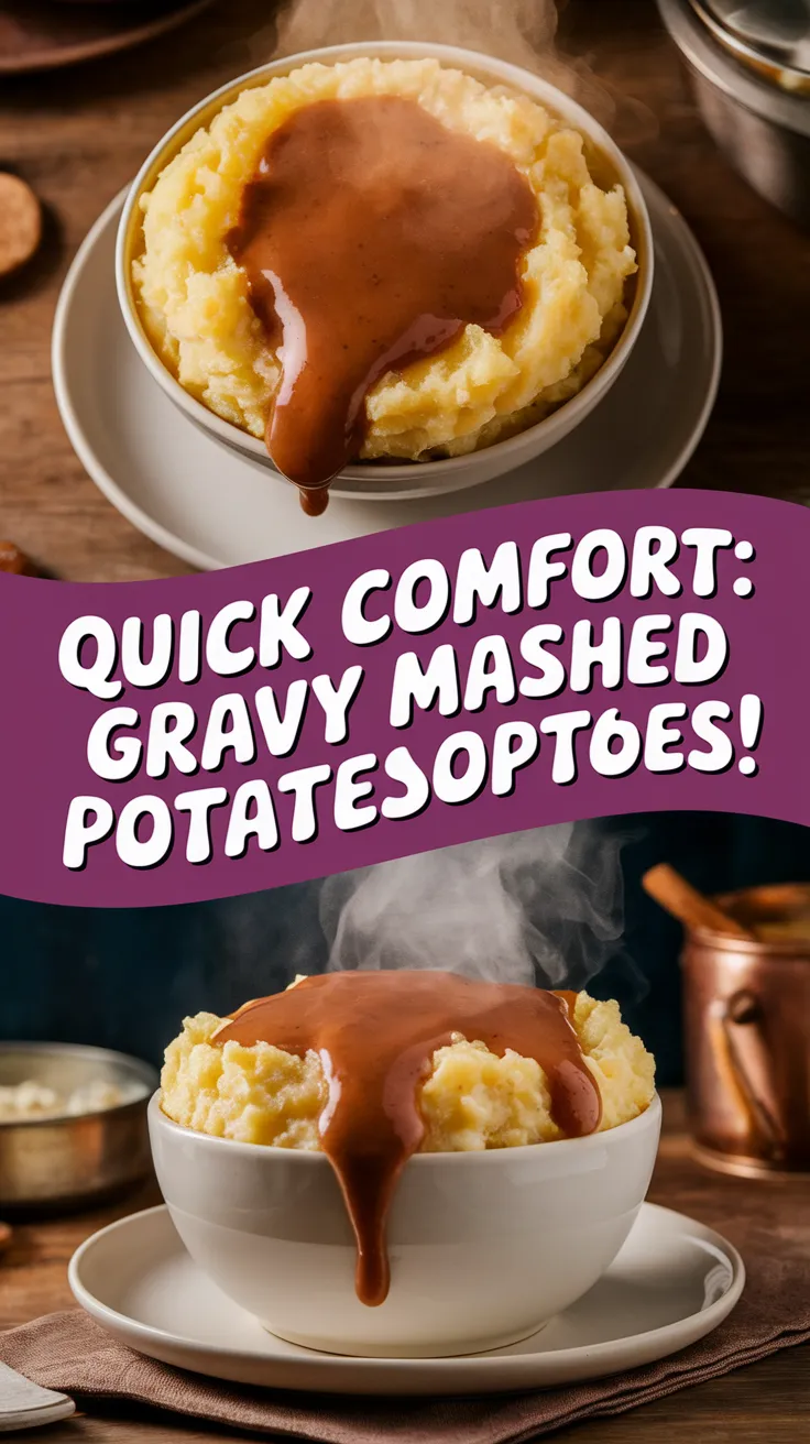 Bowl of cheap microwave instant mashed potato topped with rich gravy