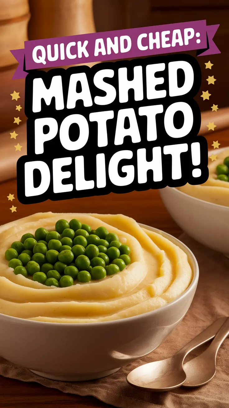 Bowl of instant mashed potatoes topped with canned peas, showcasing a quick and affordable meal option.