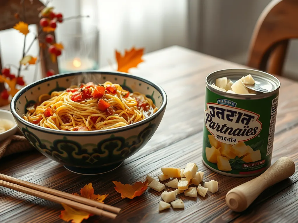 Bowl of cheap microwave instant noodles topped with diced parsnips.