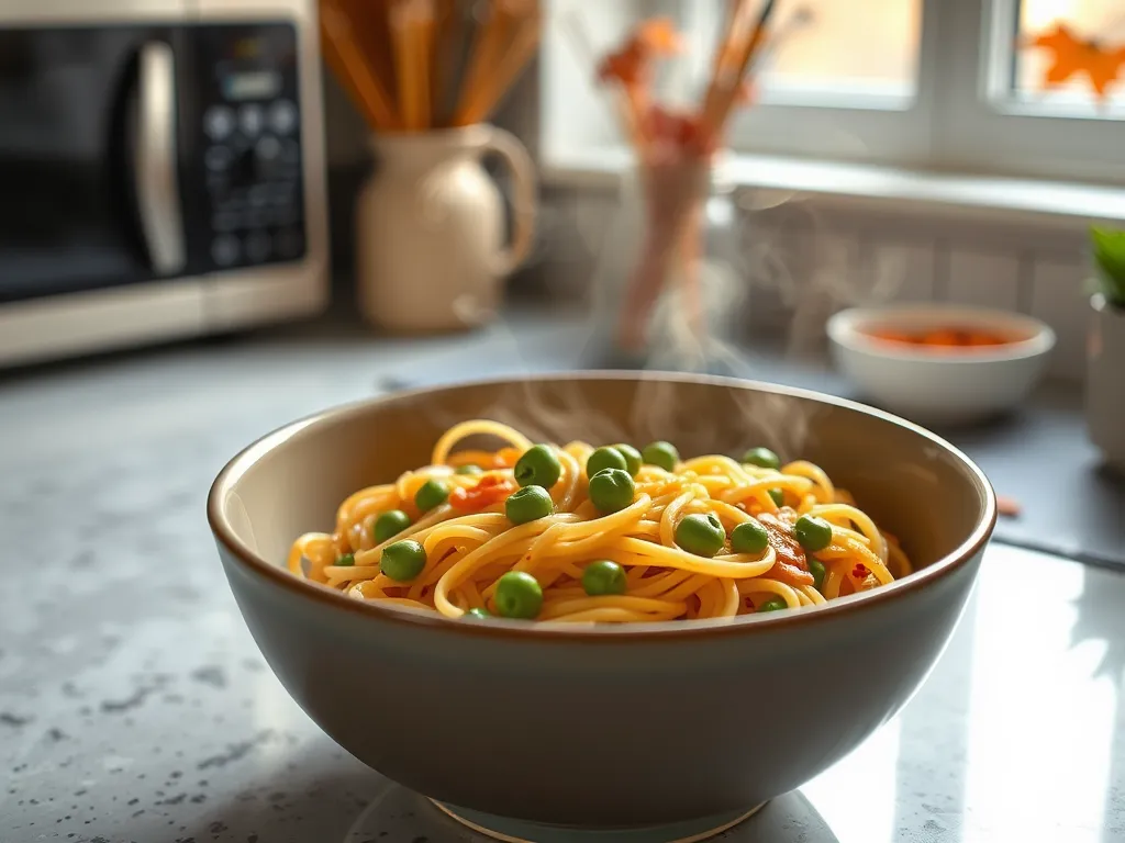 Bowl of steaming cheap microwave instant noodles topped with canned peas