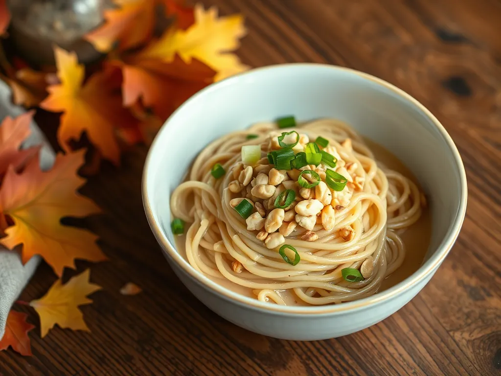 Bowl of cheap microwave peanut butter noodles topped with green onions and peanuts