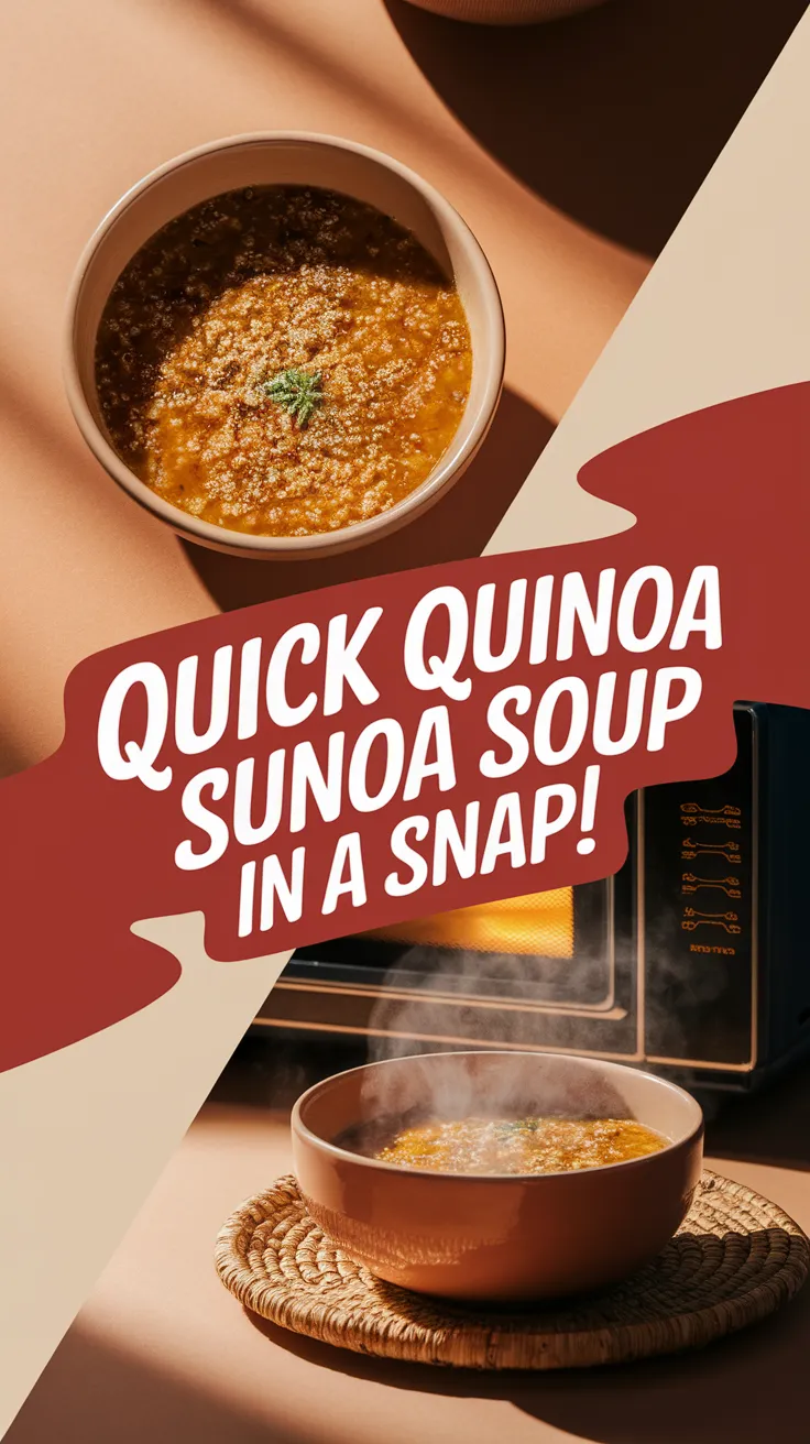 A bowl of quick quinoa soup beside a microwave, showcasing easy meal preparation.