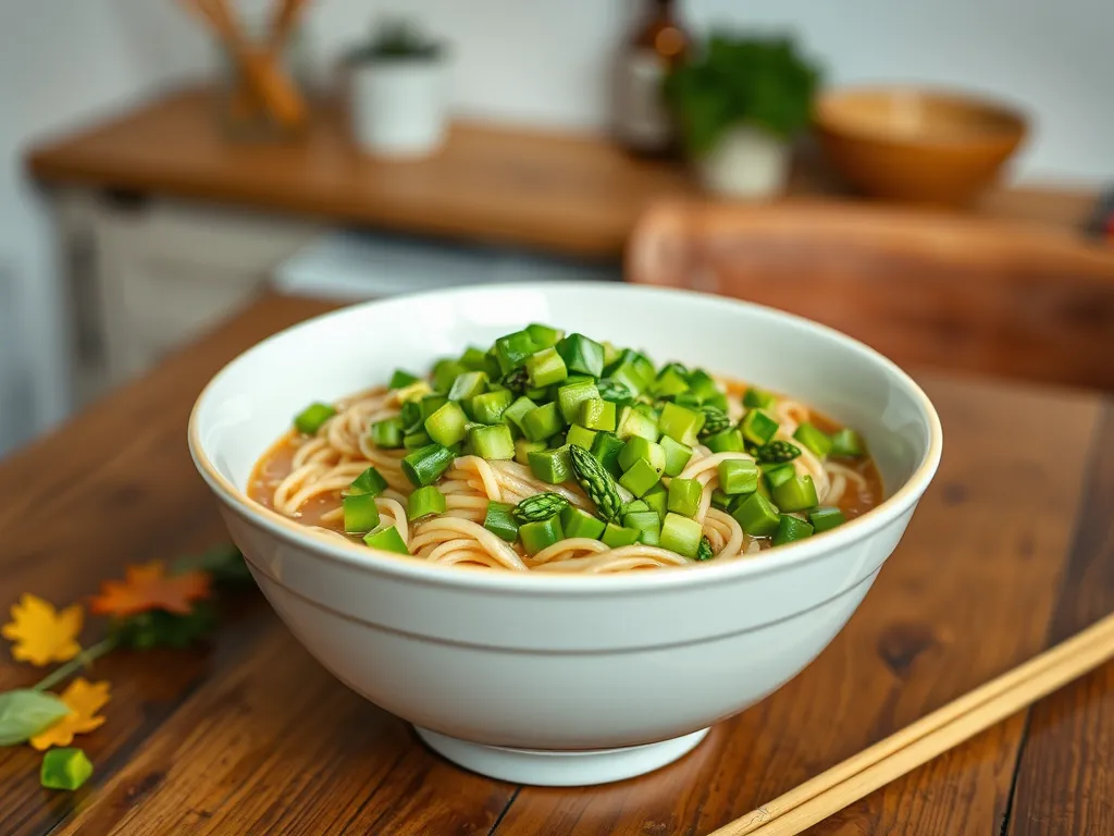 Bowl of cheap microwave ramen topped with canned diced asparagus for a quick meal.