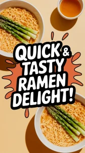 Bowl of cheap microwave ramen topped with canned diced asparagus for a quick meal.