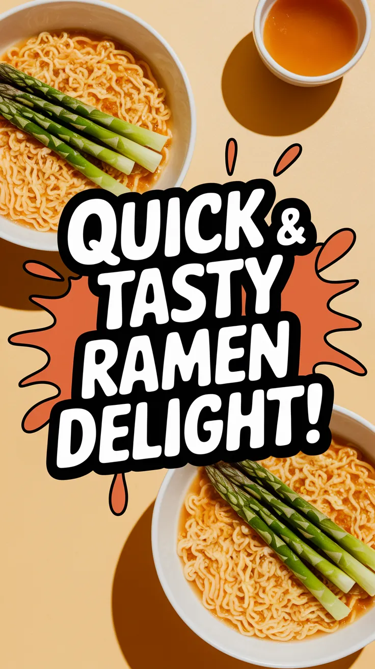 Bowl of cheap microwave ramen topped with canned diced asparagus for a quick meal.
