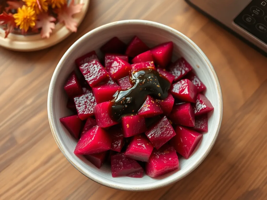 Bowl of canned diced beets as a topping for cheap microwave ramen