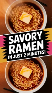 Bowl of cheap microwave ramen topped with butter and soy sauce