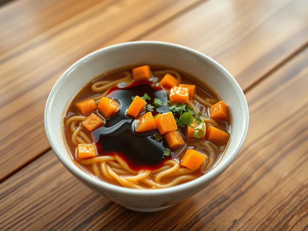 Bowl of cheap microwave ramen with diced carrots