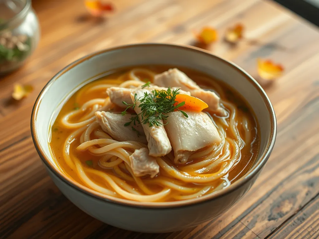 Bowl of cheap microwave ramen topped with canned chicken for a quick meal