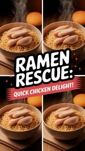 Bowl of microwave ramen topped with canned chicken, perfect for a quick meal.