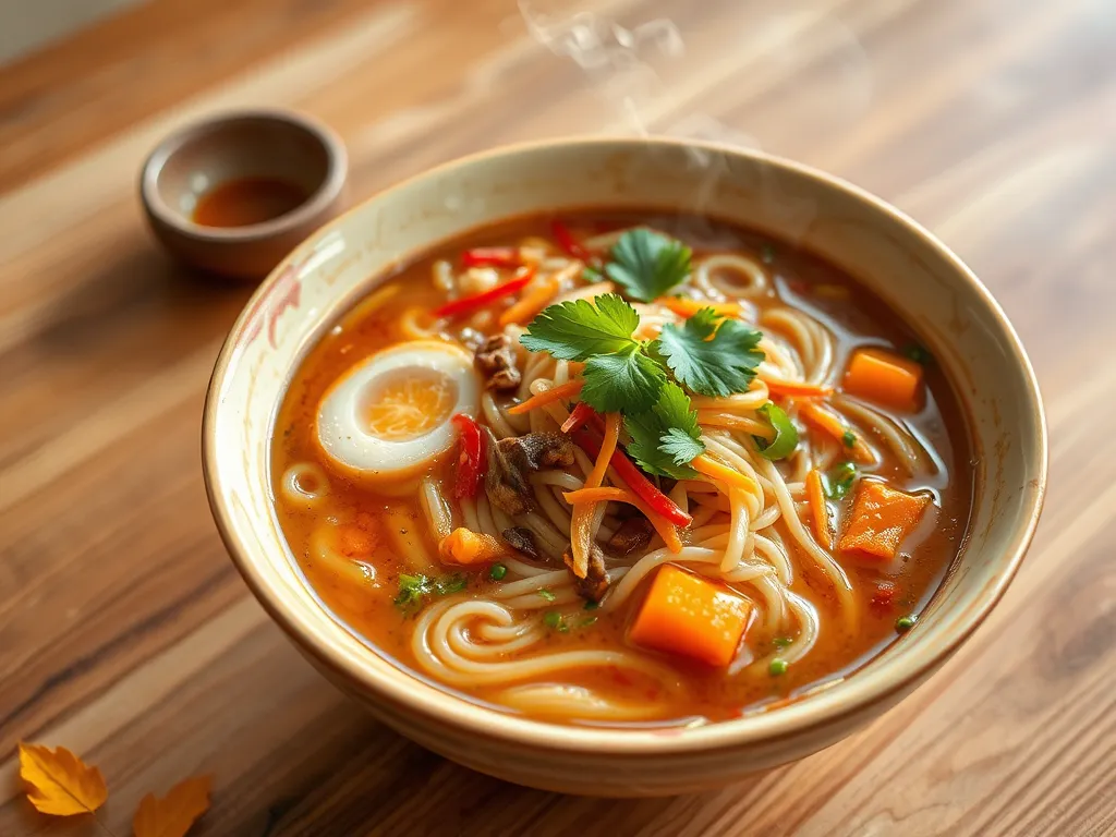 Bowl of cheap microwave ramen topped with canned corn and fresh ingredients.