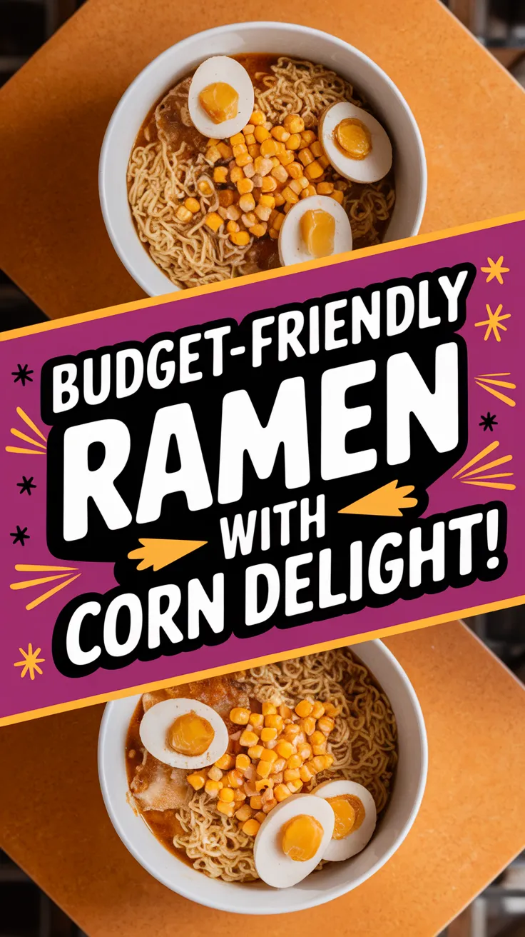 Bowl of cheap microwave ramen topped with canned corn and boiled eggs