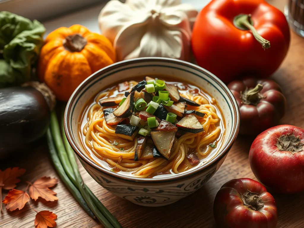 Bowl of cheap microwave ramen topped with canned diced eggplant and vegetables