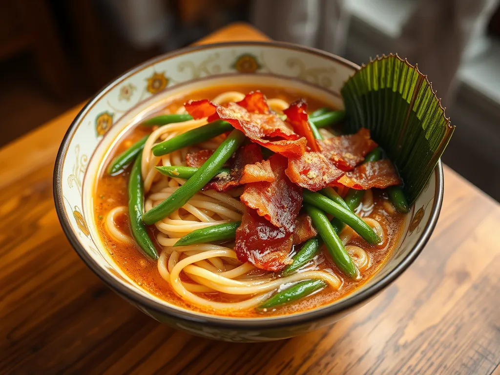 Bowl of cheap microwave ramen topped with canned green beans and crispy bacon