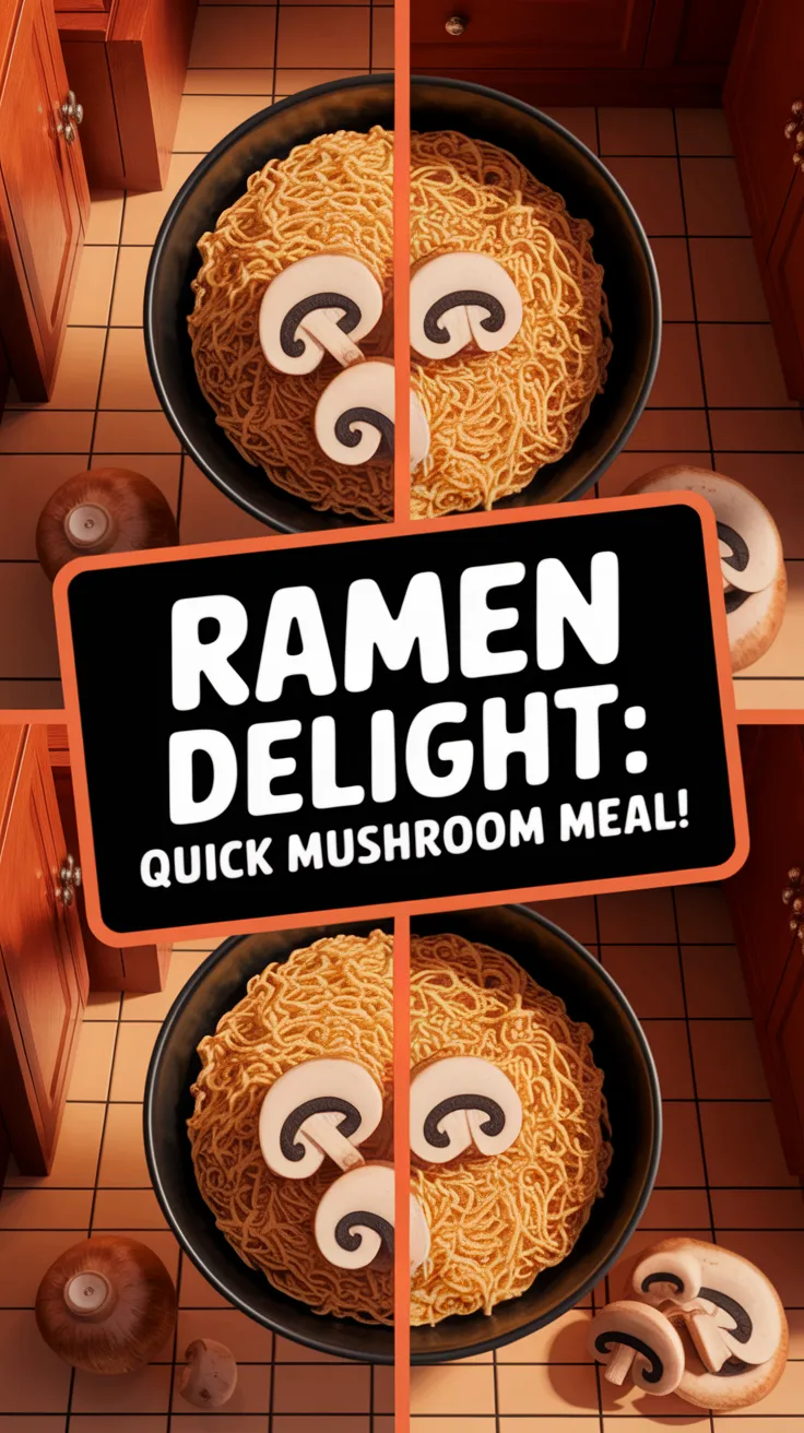 Bowl of cheap microwave ramen topped with canned diced mushrooms for a quick meal.