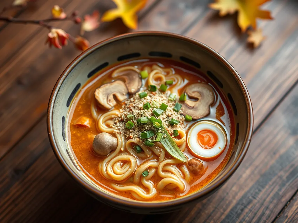 Delicious bowl of cheap microwave ramen topped with canned mushrooms and vegetables.
