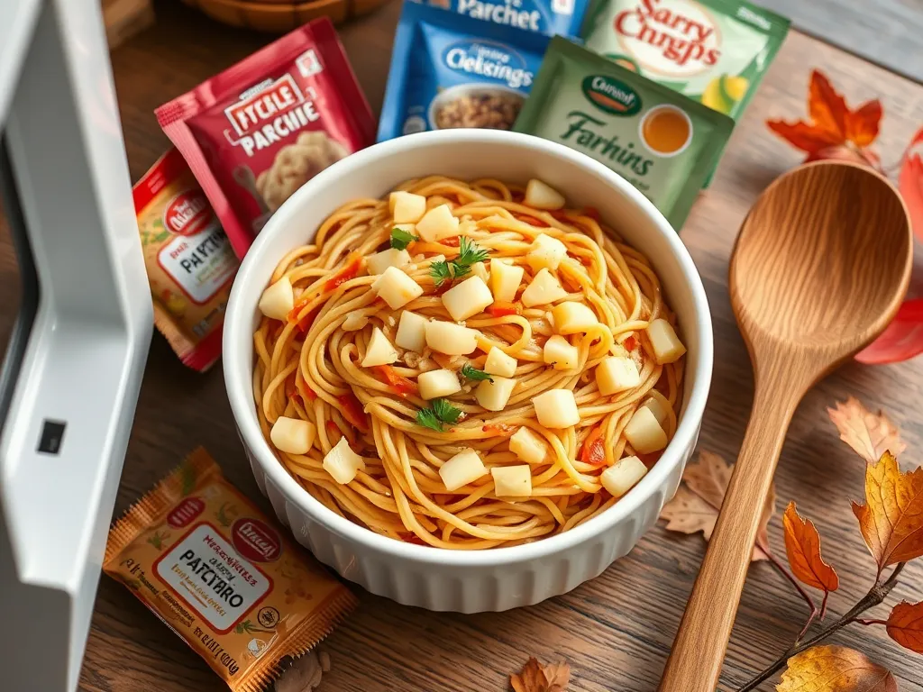 Bowl of microwave ramen topped with canned diced parsnips and herbs