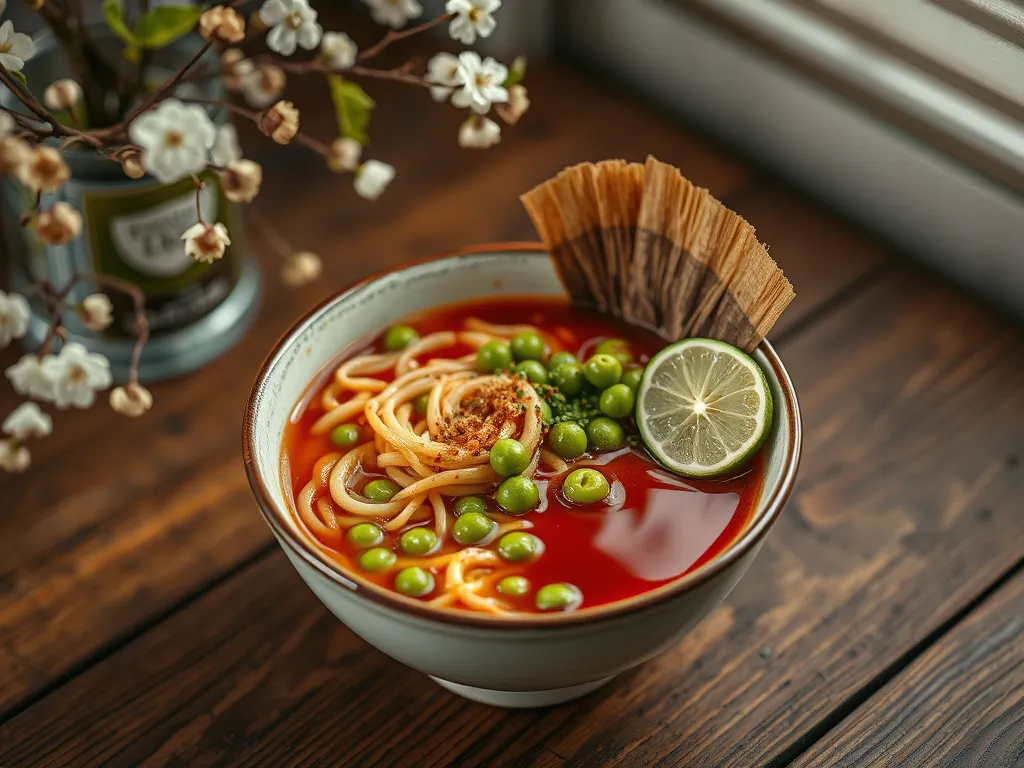 Bowl of cheap microwave ramen with canned peas and lime
