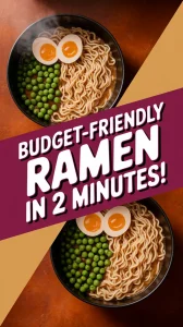 Bowl of cheap microwave ramen with canned peas and soft-boiled eggs