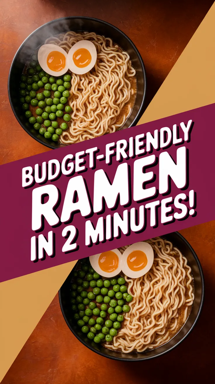 Bowl of cheap microwave ramen with canned peas and soft-boiled eggs