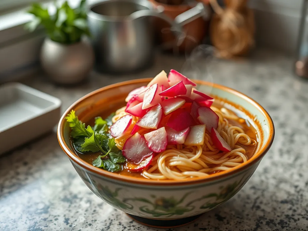 Bowl of cheap microwave ramen topped with diced canned radishes and cilantro