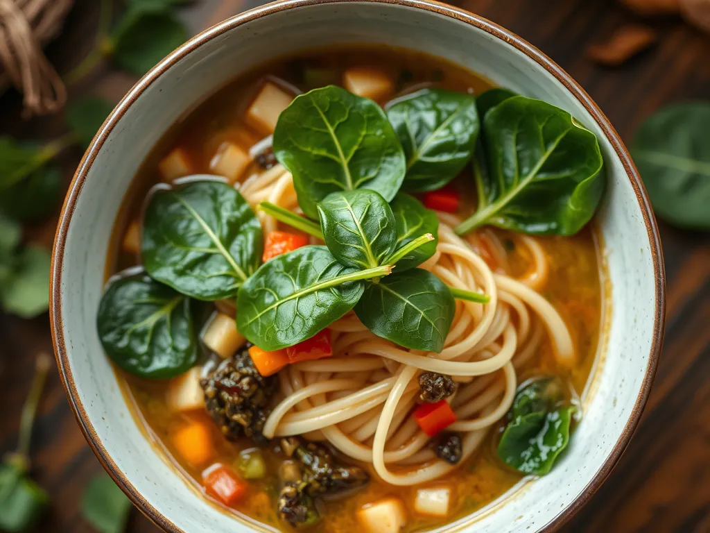 Bowl of microwave ramen topped with fresh spinach and vegetables, perfect for a budget meal