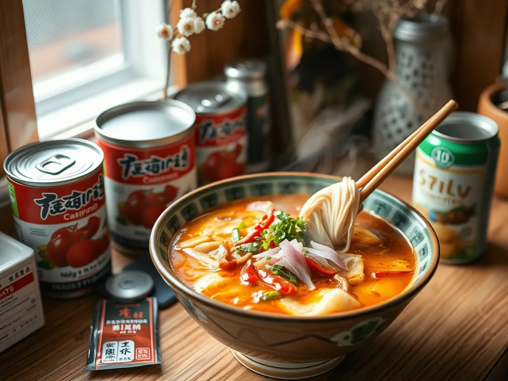 Bowl of cheap microwave ramen with canned diced tomatoes and garnishes