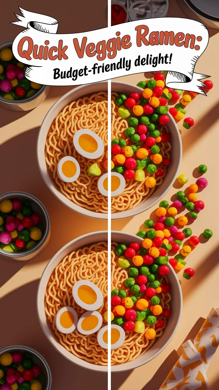 Bowl of cheap microwave ramen topped with canned mixed vegetables.